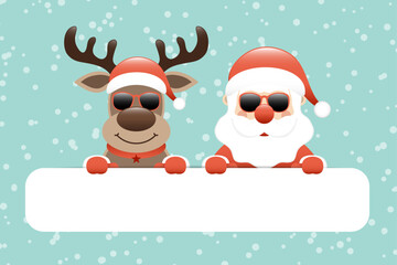 Gutschein Rentier Und Weihnachtsmann Sonnenbrille Textfeld Schnee Türkis