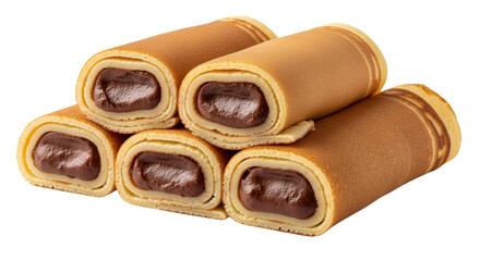 Isolated chocolate filled crepe rolls, a delicious confectionery snack treat, sweet dessert