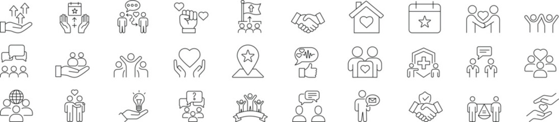 Community and teamwork line icon set featuring collaboration, unity, leadership, communication, and connection in a modern minimal outline vector style