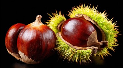 Fresh Brown Chestnuts in Spiky Green Husks Isolated on Black Background