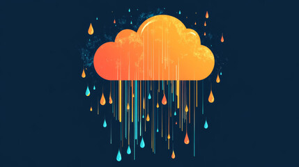 Abstract illustration of an orange cloud raining colorful drops. Vibrant liquid concept on a dark blue background.