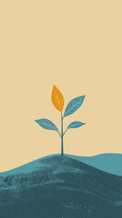 Small plant with colorful leaves emerging from a textured blue ground. Representing growth and new beginnings in a striking illustration.