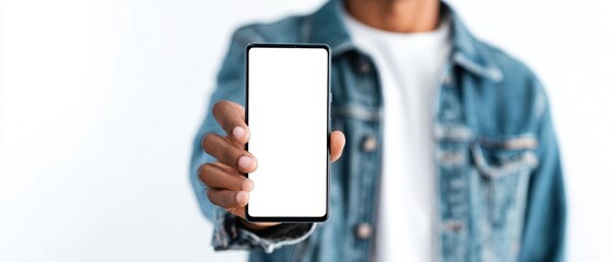 The smartphone with blank screen held by young man in denim jacket