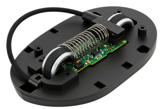 Internal mechanism of a computer mouse with a scroll wheel spring on a transparent background