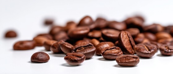 The coffee beans scattered on a white surface with glossy roasted texture