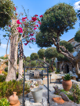 The garden in the stone village of Koumos on the island of Crete (Greece)