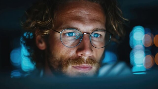 Man with glasses staring intently at a computer screen in a dimly lit environment with colorful bokeh lights in the background, focused on work and technology.