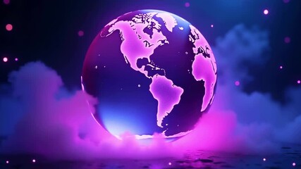 Glowing purple Earth rises from neon mist, reflecting a cosmic skyline of stars and aurora and dusk - Powered by Adobe