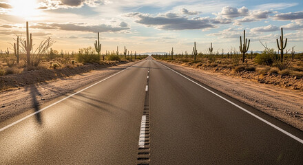 Long straight road leading into the distance in the desert with cactus plants on both sides and cloudy sky above it