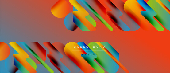 Abstract geometric shapes overlap, creating vibrant color gradients. Design features dynamic lines, modern aesthetic. Background appears layered, textured.