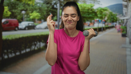 Young hispanic woman crosses fingers with one hand and grips a 1kg dumbbell with the other on a...