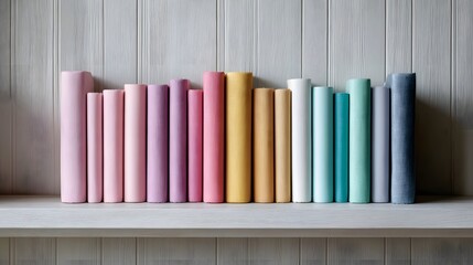 Naklejka premium A row of pastel colored books organized in a gradient spectrum on a clean shelf against a textured wall