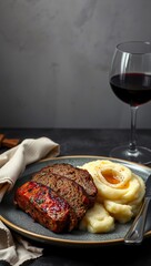 meatloaf mashed potatoes editorial magazine styled photography props linen napkin wine glass overhead  
