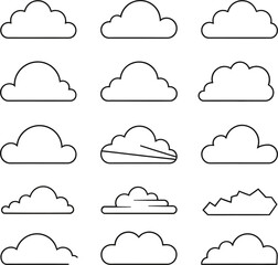 Collection of simple outline cloud icons in various shapes and sizes on white background