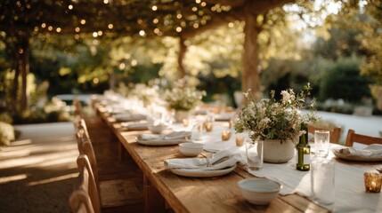 A romantic wedding banquet is beautifully arranged outdoors with a long wooden table