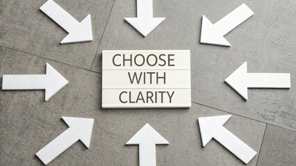 White directional signs arranged in a circle with a clarity message