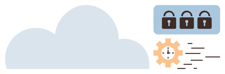 Cloud storage with three padlocks symbolizing security, clock gear for time optimization, and digital flow. Ideal for cybersecurity, cloud management, productivity, data protection, secure storage