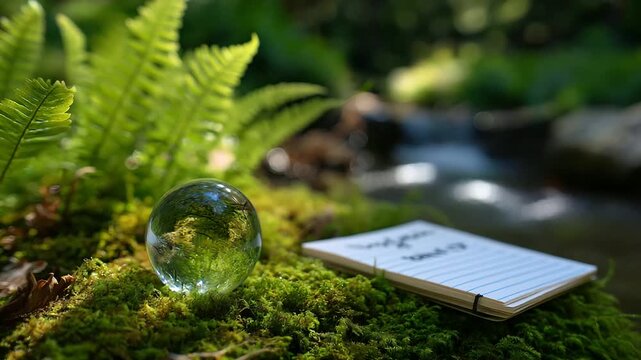 A crystal globe rests on a bed of moss in a forest symbolizing global transport surrounded by ferns and a soft stream sunlight dappling the scene a notepad with &ldquo;Net Zero