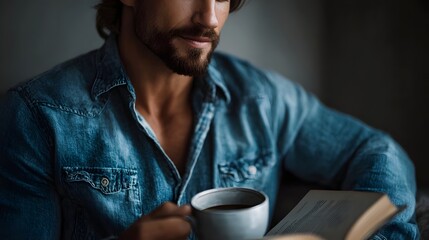 Man in denim shirt reads book with coffee mug in cozy soft indoor light