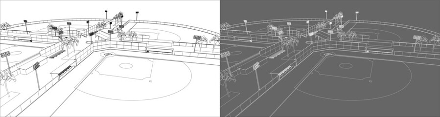 Vector line drawing of a baseball sport complex featuring multiple fields, bleachers, lighting poles, and surrounding fences in a symmetrical layout