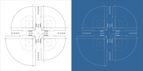 Vector blueprint illustration showing a clover-shaped baseball field complex viewed from above