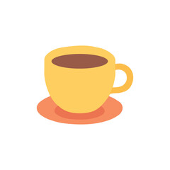 Yellow coffee cup and saucer with dark liquid isolated on transparent background