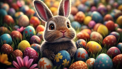 Adorable Easter Bunny Among Colorful Eggs
