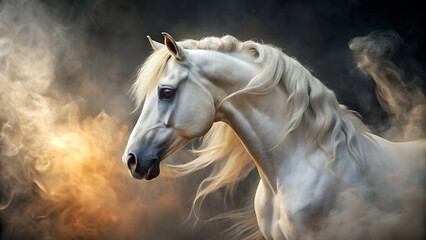 Obraz premium Majestic white horse with flowing mane and tail, surrounded by mystical smoke and dramatic lighting, evoking a sense of power and grace