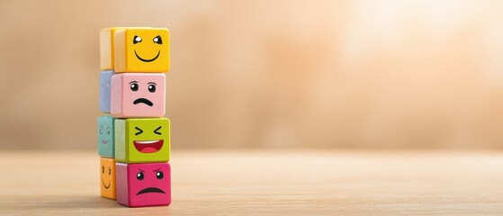 The Stack of Emoji Blocks Showing Various Emotions on Wooden Surface