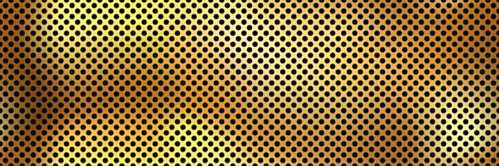 Seamless pattern with a golden grille perforated with round holes. Bright metallic pattern on a black bg. Metallic lattice. Vector illustration.
