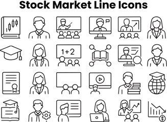 Minimal line icons showing bull and bear markets, trading psychology, market sentiment, and investment cycles for financial use
