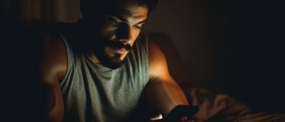 The man illuminated by his smartphone at night in a dim bedroom