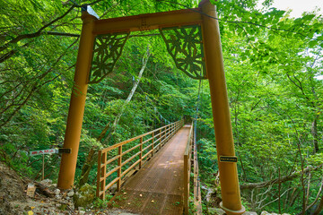 山梨県山梨市 西沢渓谷に架かるしゃくなげ橋(吊り橋)
