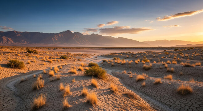 Picturesque desert landscape with mountains in the background, featuring a winding dirt road and sparse vegetation at sunset