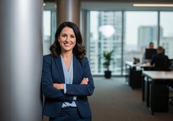 Obraz premium Confident professional woman in a suit smiles with arms crossed in a modern office setting
