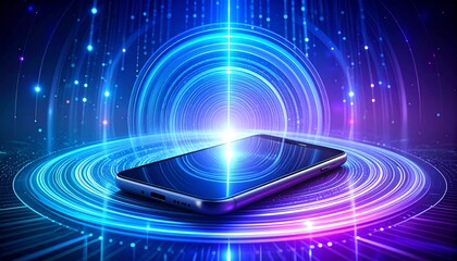 Abstract mobile signal visualization, circular waves emitting from smartphone, digital binary rain, bright blue and purple tones, futuristic motion blur effect, 16:9”