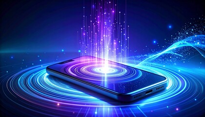 Abstract mobile signal visualization, circular waves emitting from smartphone, digital binary rain, bright blue and purple tones, futuristic motion blur effect, 16:9”