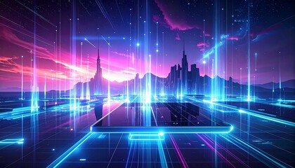 Abstract data transmission background, mobile devices exchanging data via light beams, futuristic hologram style, cyan and magenta glow, sci-fi communication concept, 16:9”