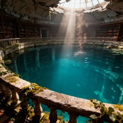 The Sunken Library – Abandoned Circular Hall Flooded with Water and Sunlight