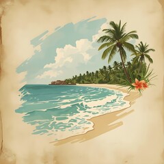 Obraz premium tropical beach, palm trees, turquoise water, retro style