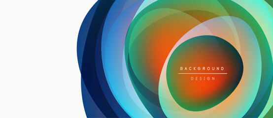 Obraz premium Abstract layers create vibrant circular design. Orange, blue, green hues blend, forming modern background. Minimalist text present.