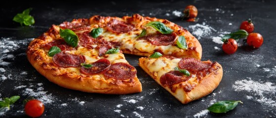 The pizza with pepperoni melted cheese and fresh basil on dark surface