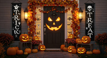 Festive Halloween 'Trick or Treat' front door decorations with glowing Jack-o'-lanterns and autumn leaves