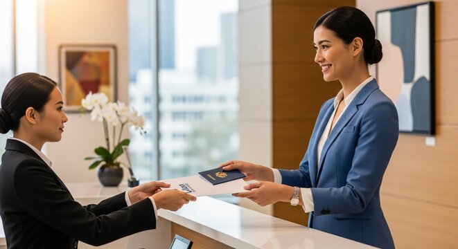Two business women exchanging documents and passport at a modern reception desk