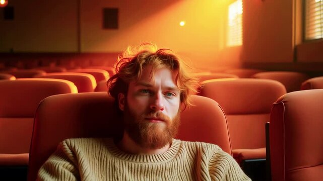 Bearded man in a cream sweater sits in a warmly lit cinema, red seats and empty rows all around now