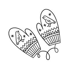 Cute cozy winter mittens with bird designs and snowflakes. Hand drawn illustration in line style.