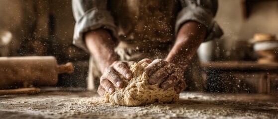 The Dough Being Kneaded by Skilled Baker in Rustic Kitchen with Flour Dusting