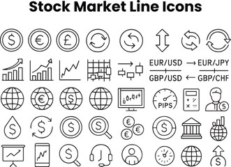 Line icon collection showing stock exchange, market indices, brokers, traders, and economic indicators