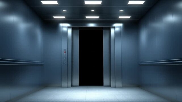 Interior view of a modern elevator with closed doors and bright ceiling lights