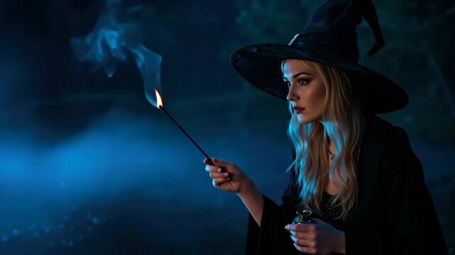 A beautiful witch in a black hat holding a smoking incense stick. Sorceress performing a magic ritual with a potion in a dark forest at night. Halloween fantasy concept